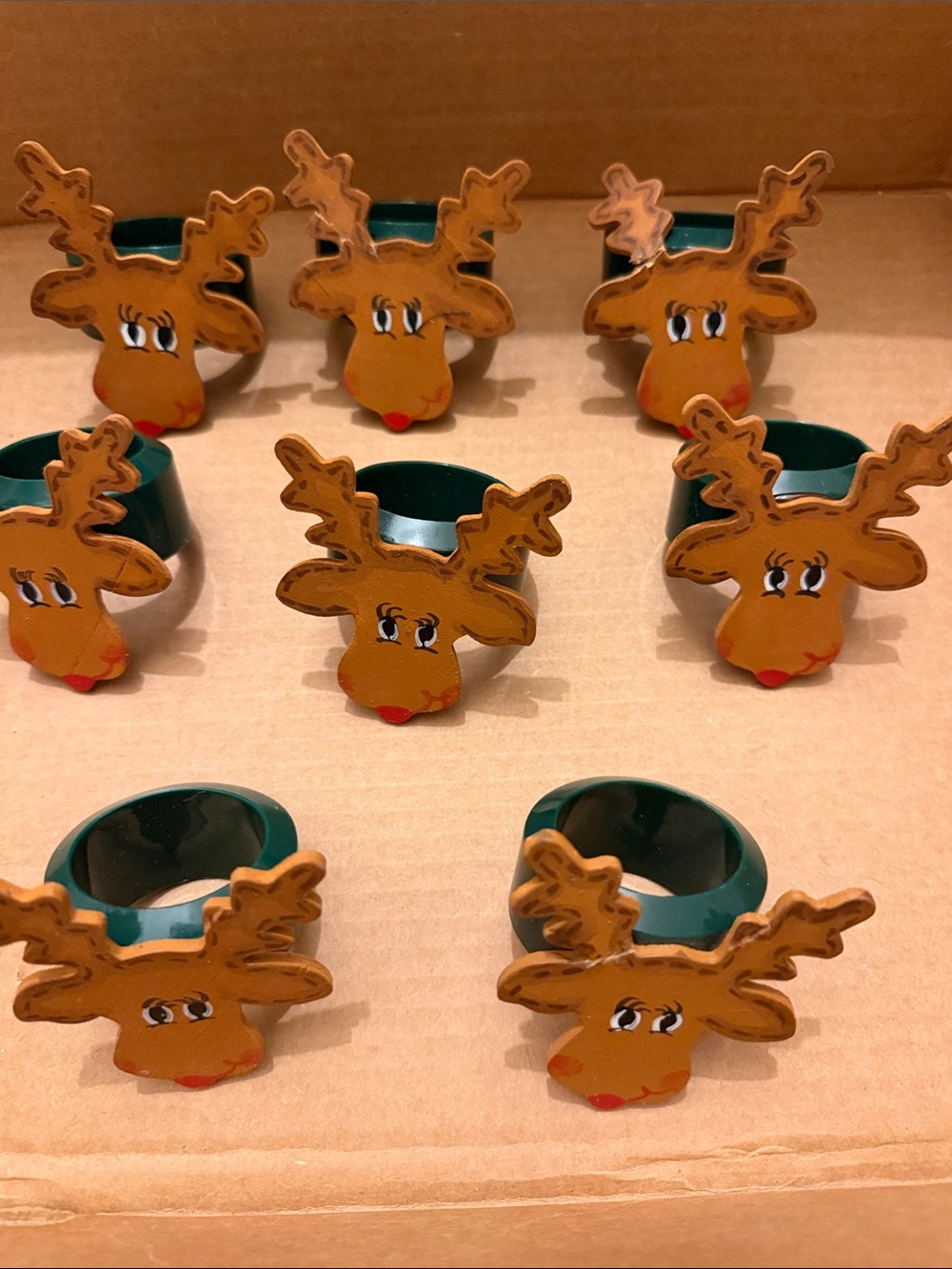 Hand Crafted Brown Reindeer Napkin Rings with Green Bands